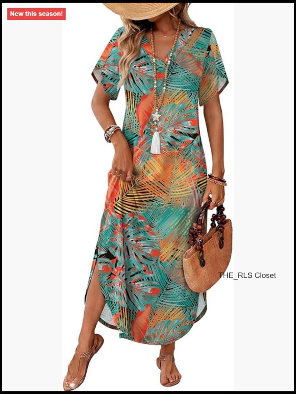 Polyester Spandex Maxi Dress with V-Neck Short Sleeves Side Slit Pockets
